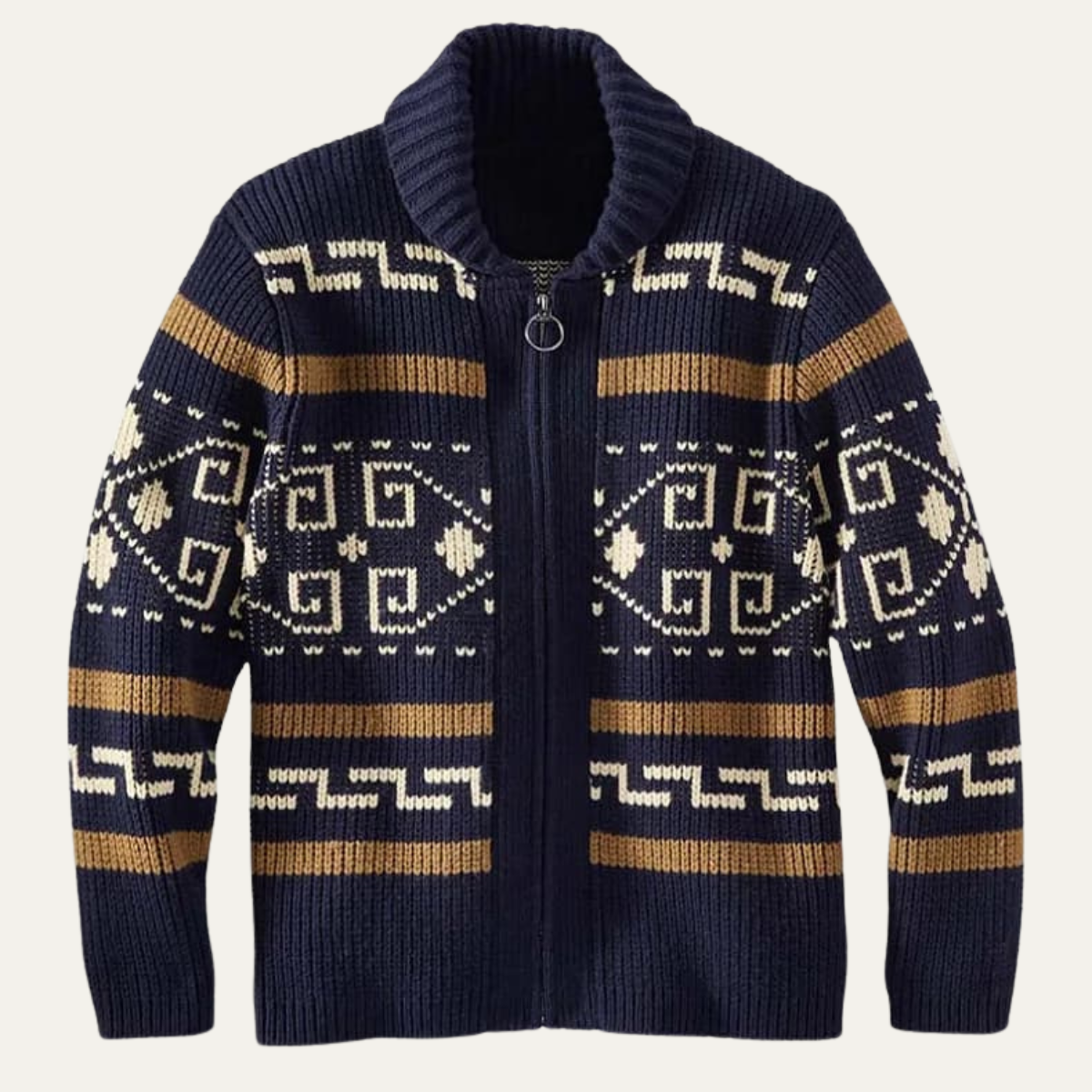 Men's navy shawl-collar zip cardigan with Aztec knit pattern and gold stripes