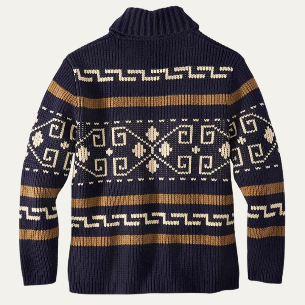 Men's navy shawl-collar cardigan sweater with Aztec-style knit motif on back