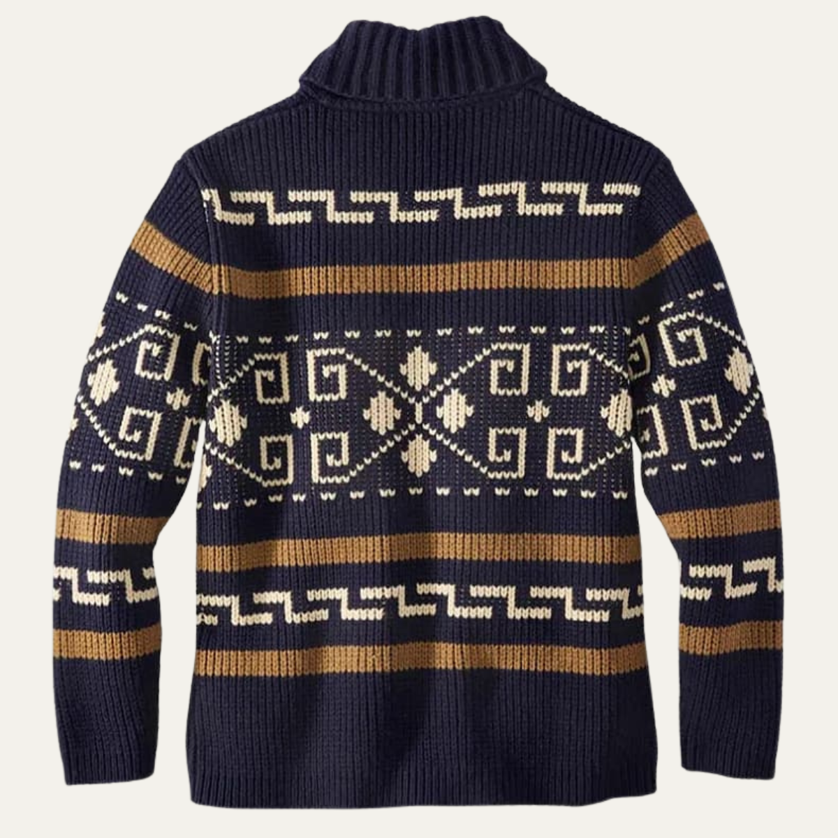 Men's navy shawl-collar cardigan sweater with Aztec-style knit motif on back
