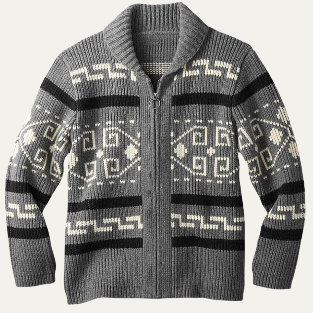 Men's gray shawl-collar zip cardigan with Aztec knit pattern in stripes