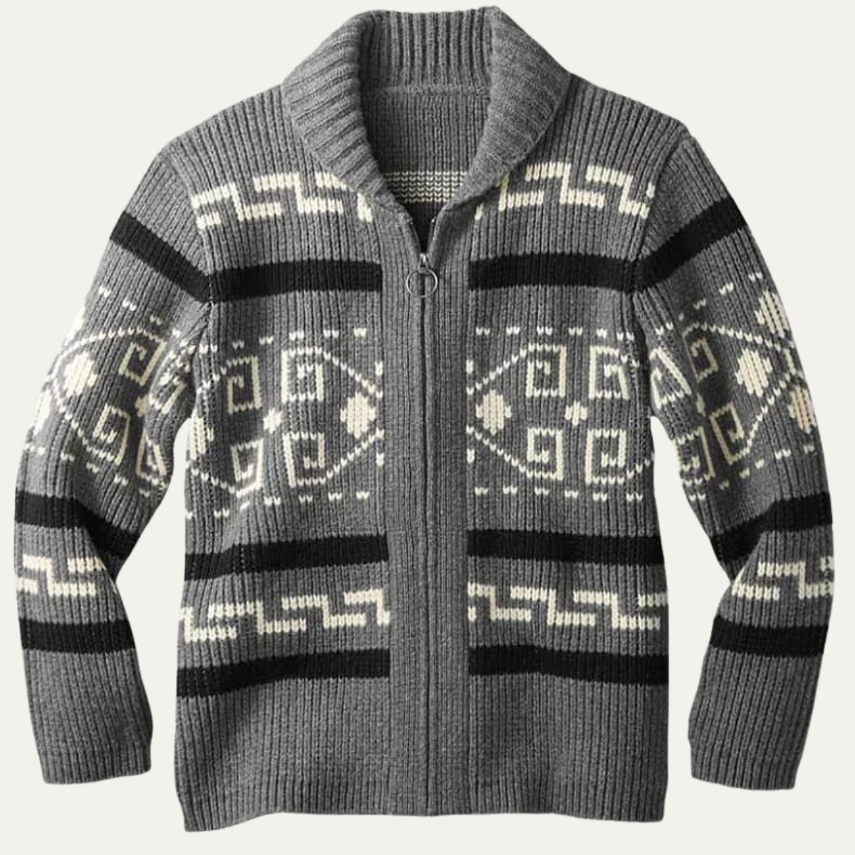 Men's gray shawl-collar zip cardigan with Aztec knit pattern in stripes