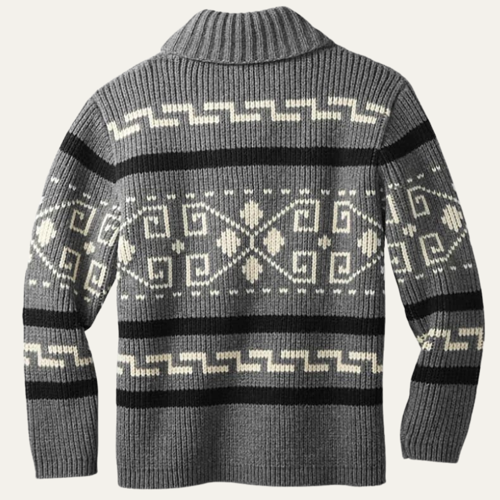 Men's gray shawl-collar cardigan with Aztec-style knit motif across the back