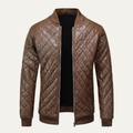 Men's quilted brown leather bomber jacket with full front zipper and ribbed cuffs