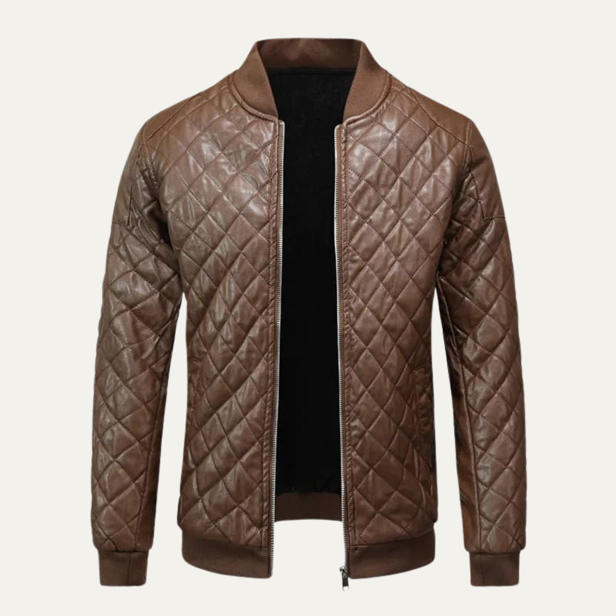 Men's quilted brown leather bomber jacket with full front zipper and ribbed cuffs