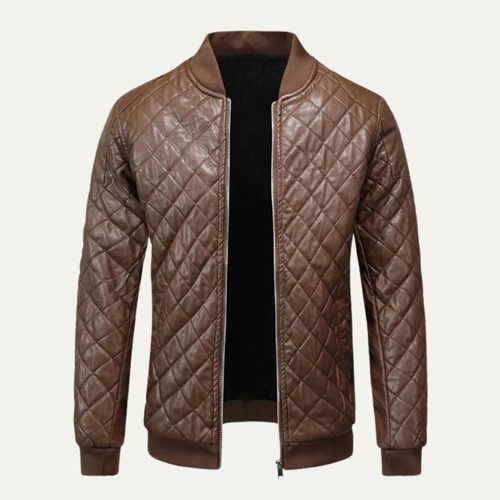 Men's quilted brown leather bomber jacket with full front zipper and ribbed cuffs