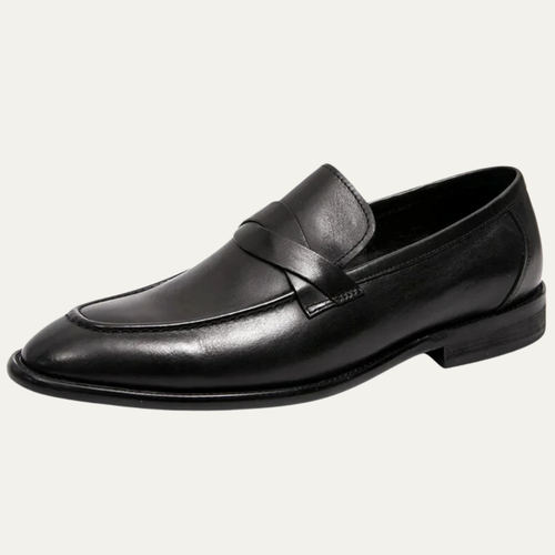 Men's black leather penny loafers with stitched apron and strap detail