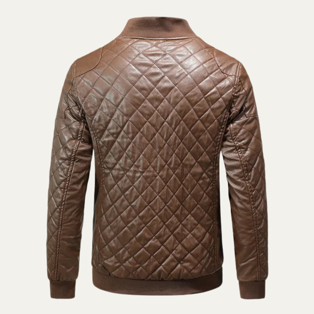 Quilted brown leather bomber jacket back view with ribbed hem and stand collar