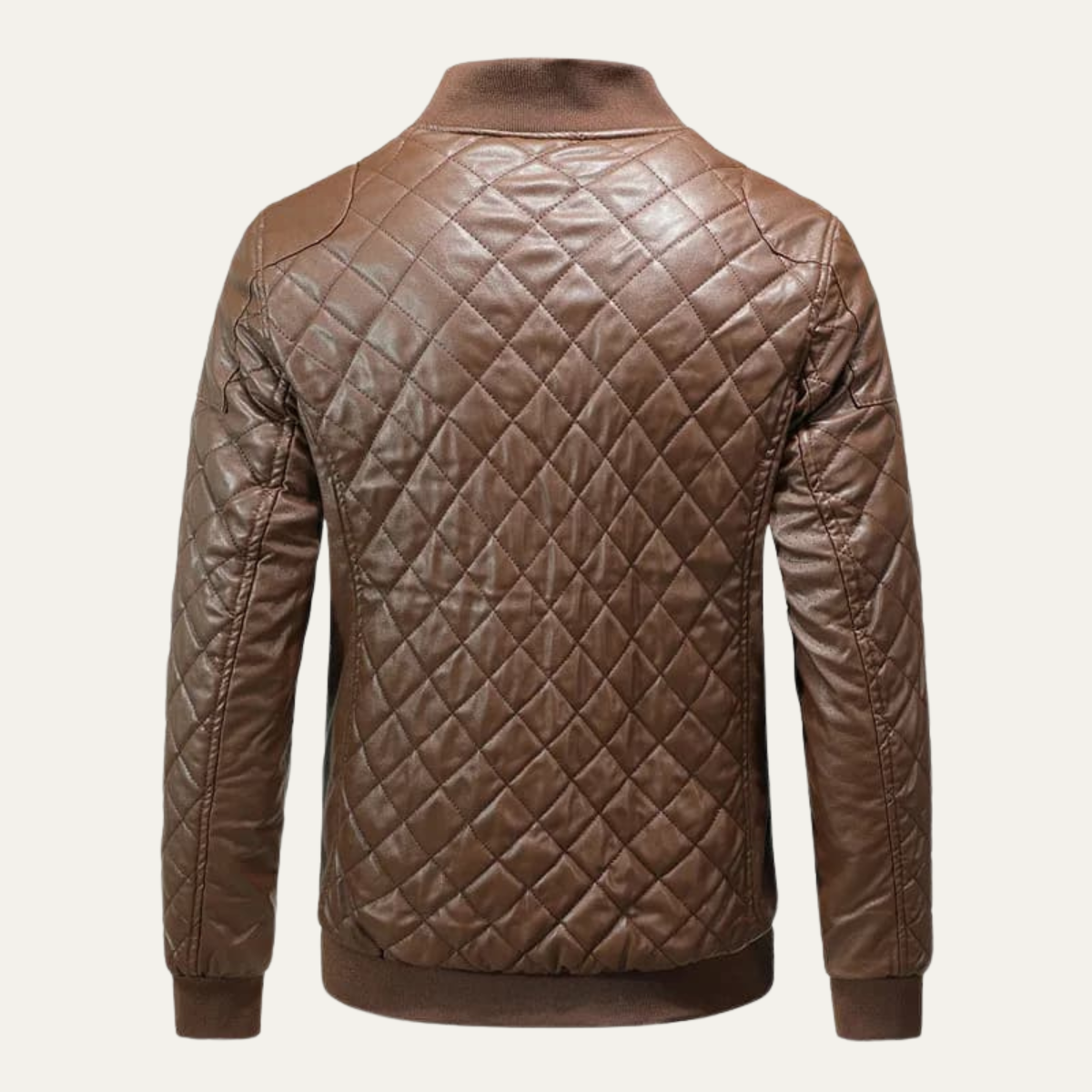 Quilted brown leather bomber jacket back view with ribbed hem and stand collar