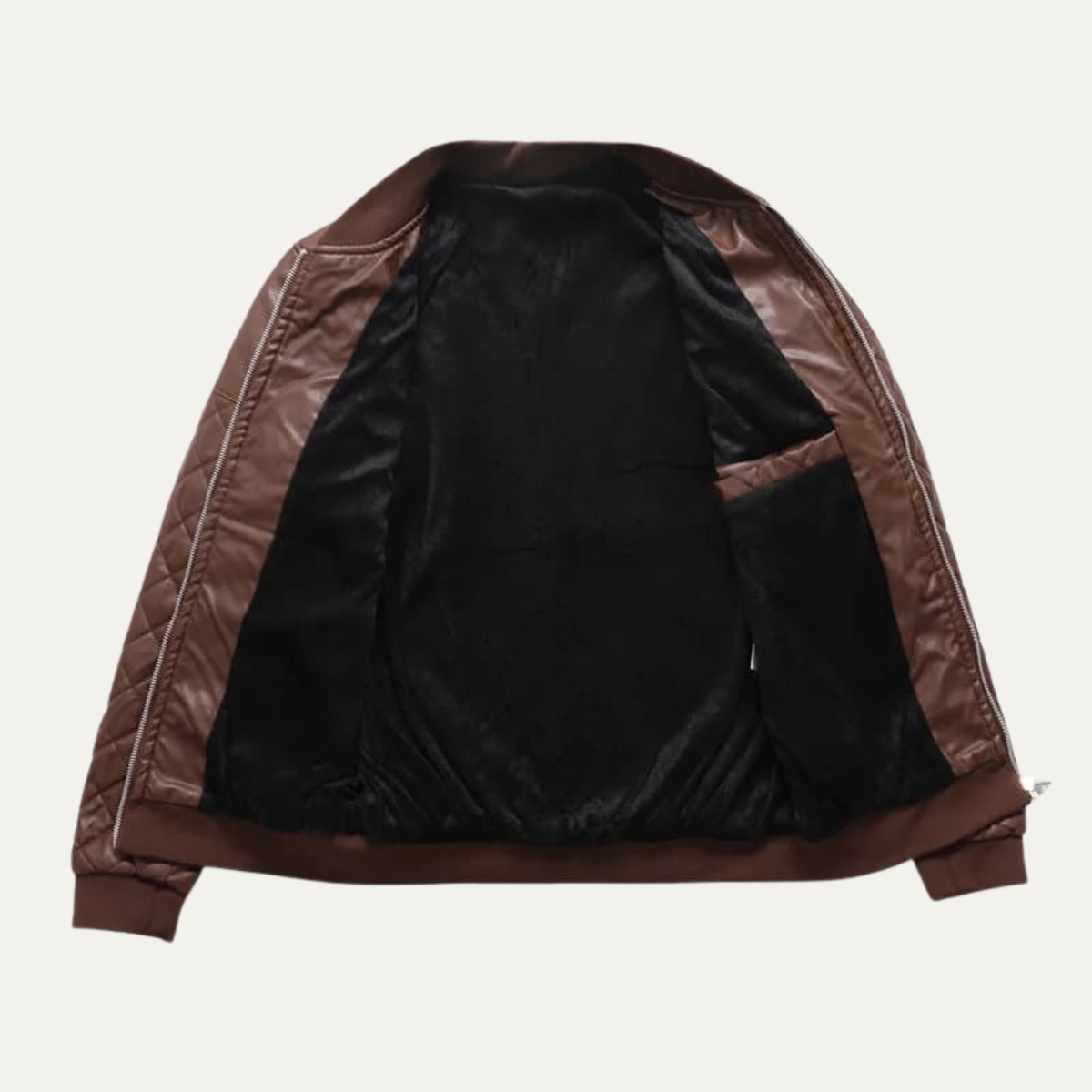 Brown leather bomber jacket interior lining with front open and quilted side panels