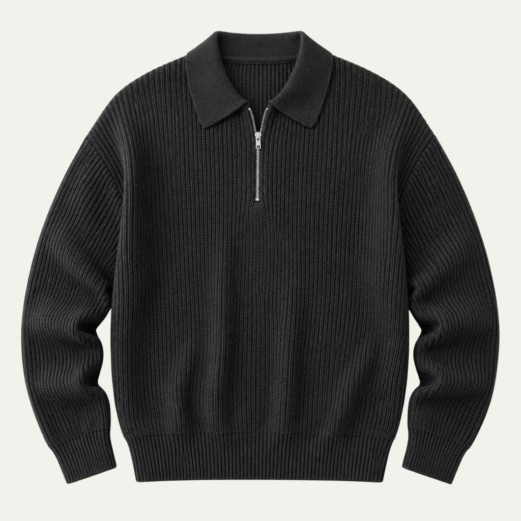 Black men’s half-zip knit sweater with ribbed collar and quarter-zip placket.