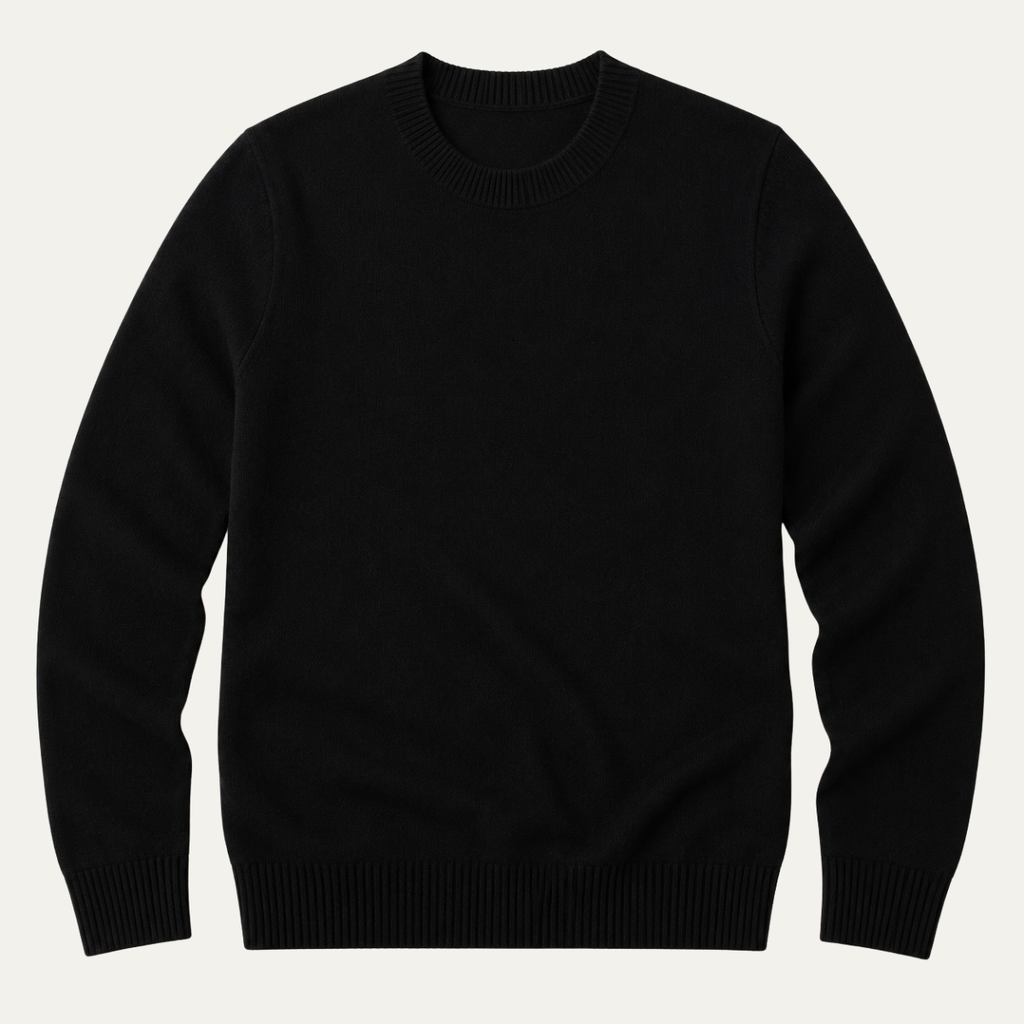 Men's black crew neck knit sweater with ribbed hem and cuffs