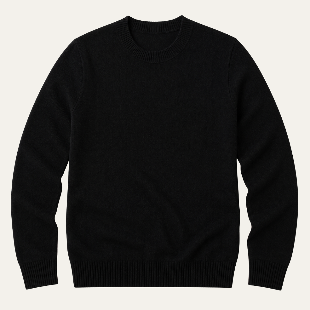 Men's black crew neck knit sweater with ribbed hem and cuffs