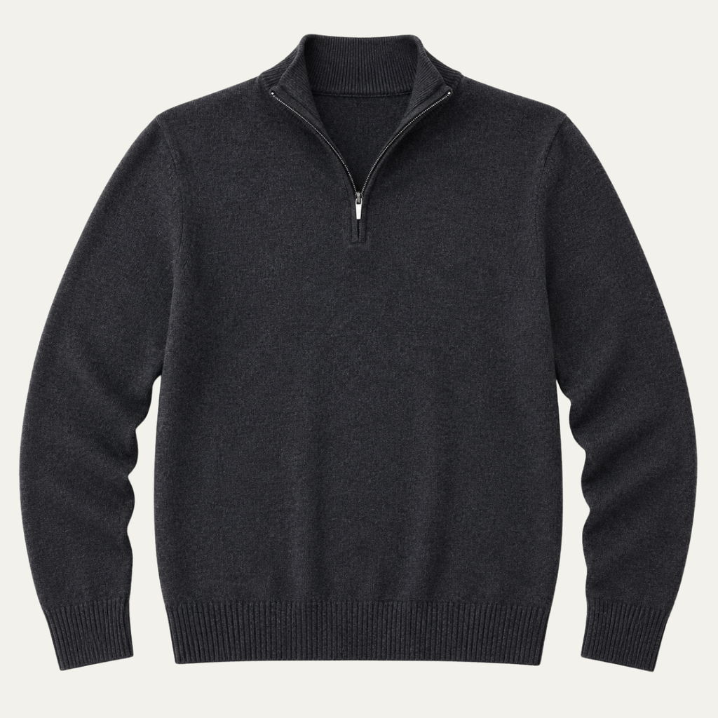 Men's quarter-zip knit sweater in dark gray with mock neck and half zipper.