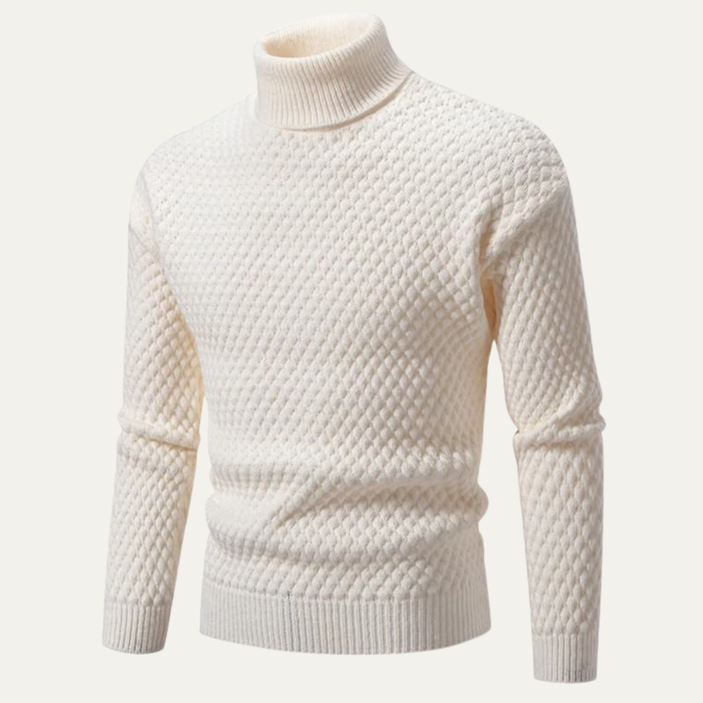 White thick wool knit turtleneck sweater, textured diamond pattern, ribbed cuffs and hem