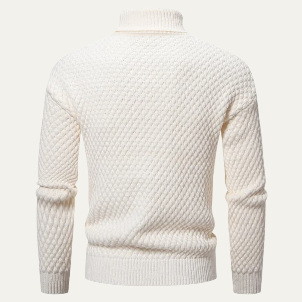 White thick wool knit turtleneck sweater, back view with textured diamond knit