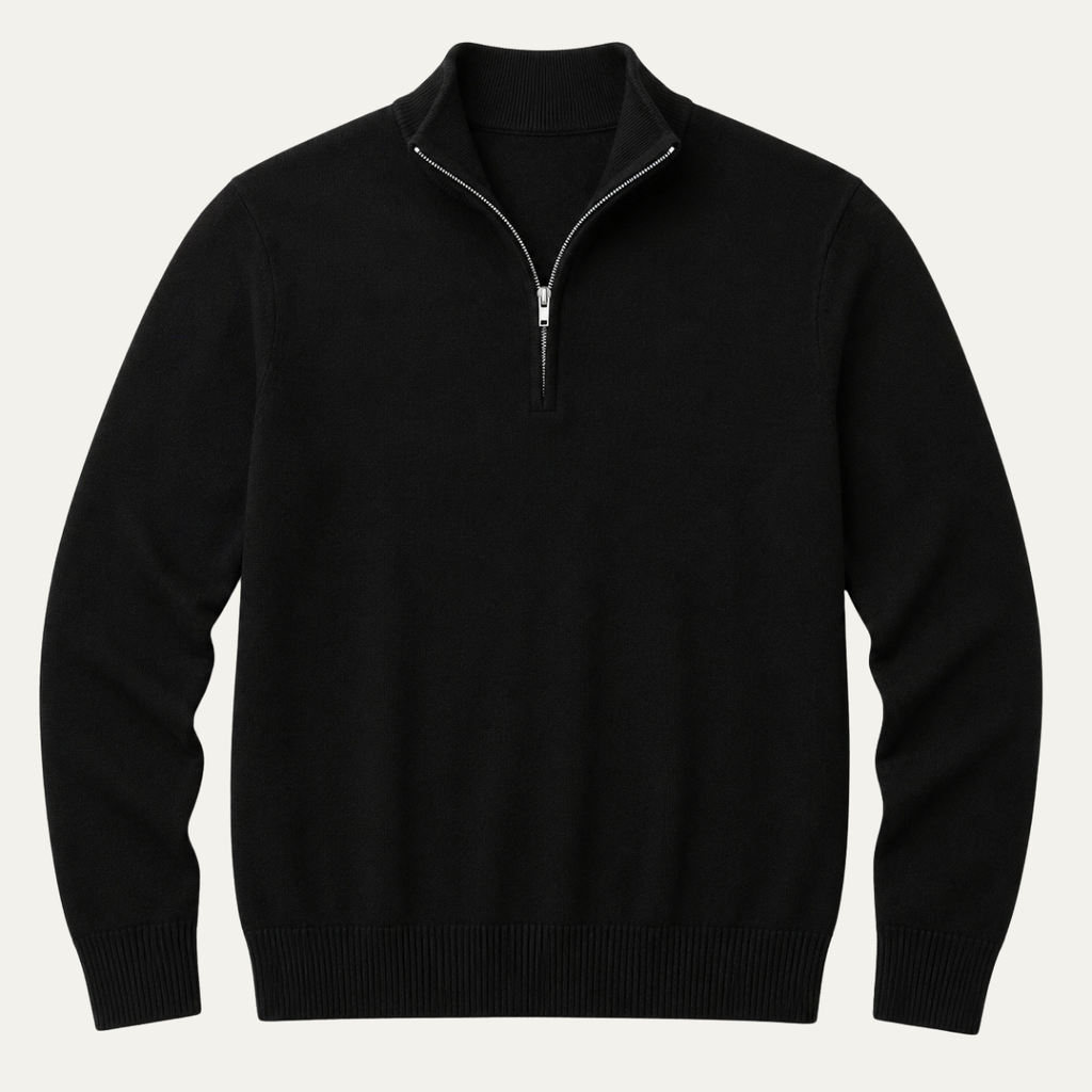 Men's quarter-zip mock neck sweater in black, ribbed cuffs and hem