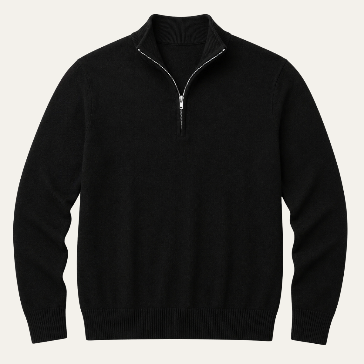 Men's quarter-zip mock neck sweater in black, ribbed cuffs and hem