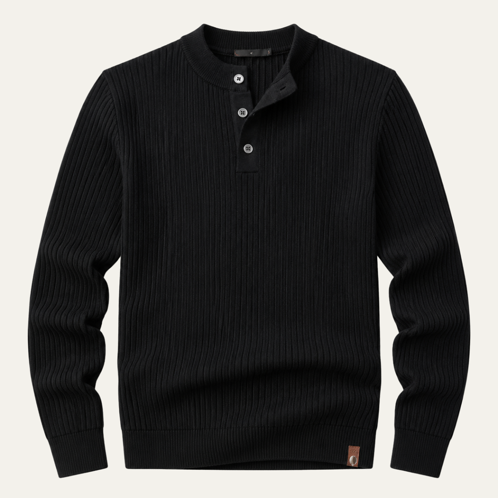 Men's black ribbed knit henley sweater with buttoned placket and long sleeves
