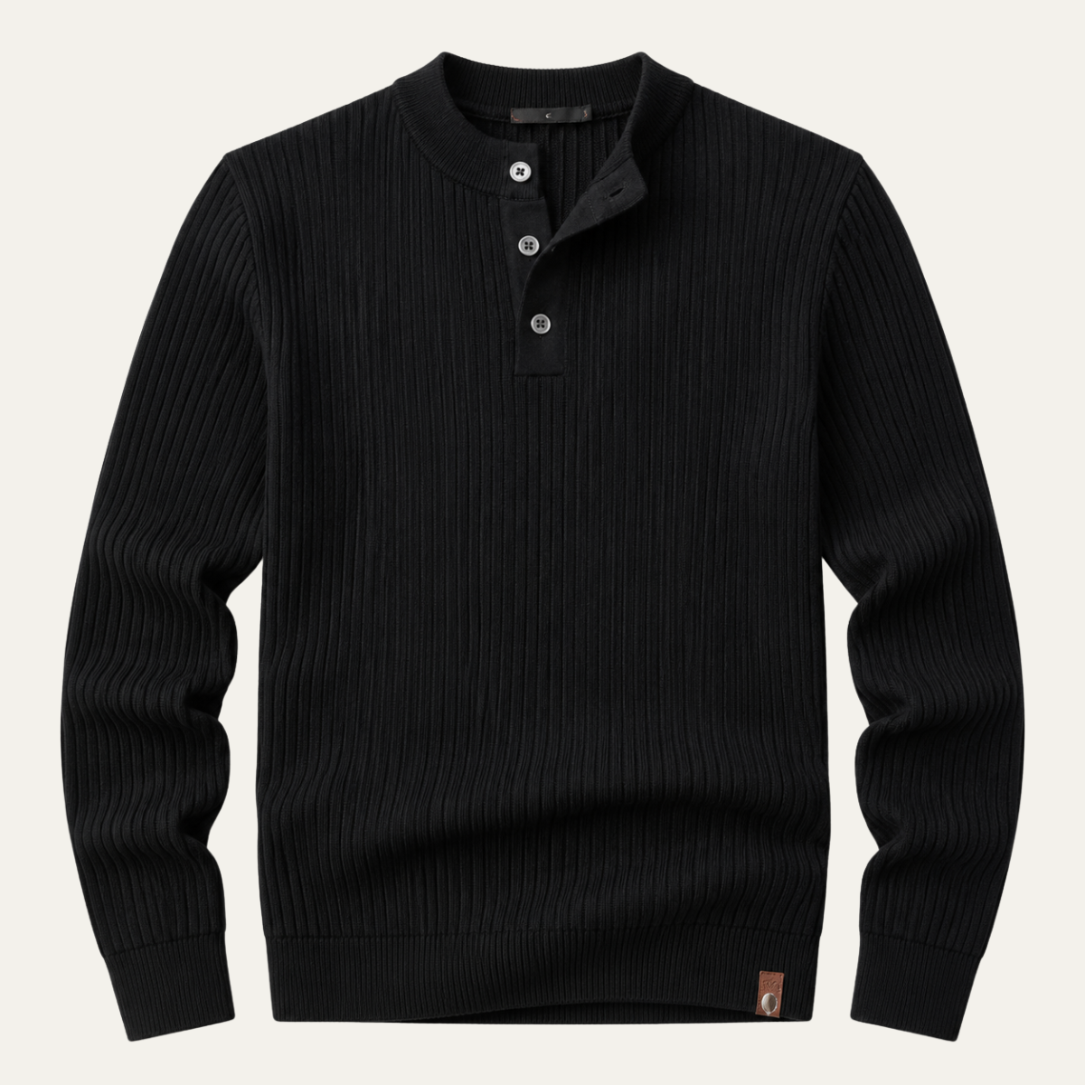 Men's black ribbed knit henley sweater with buttoned placket and long sleeves