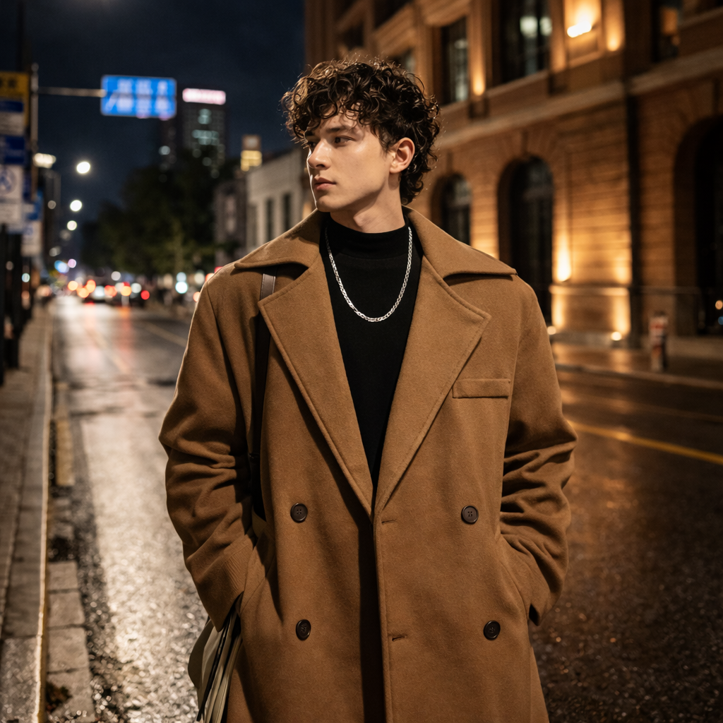 Brown long overcoat with notched lapels, double-breasted button front, and pockets