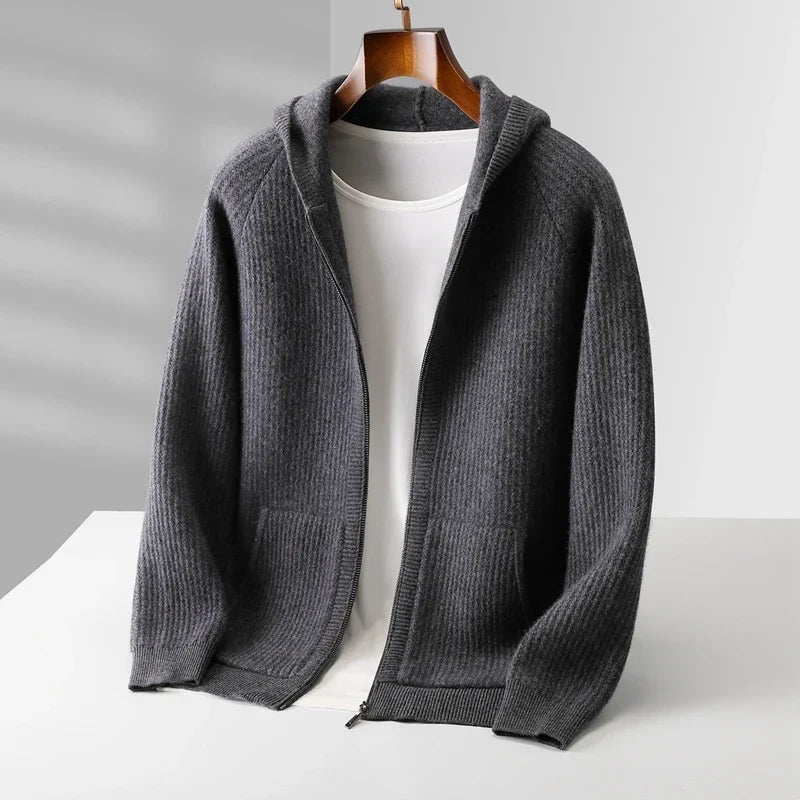 Merino Wool Ribbed Knit Zip Hoodie for Men | Autumn and Winter Layering