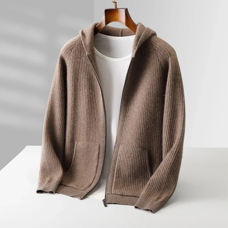 Merino Wool Ribbed Knit Zip Hoodie for Men | Autumn and Winter Layering