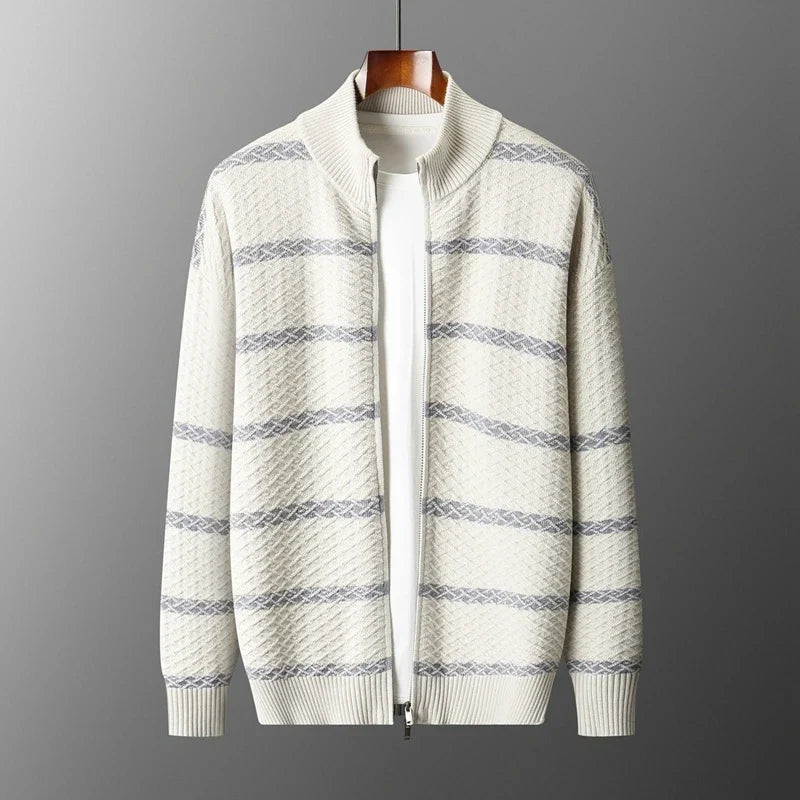 Striped Merino Wool Half High Collar Zip Cardigan for Men | Winter Layering