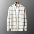 Striped Merino Wool Half High Collar Zip Cardigan for Men | Winter Layering