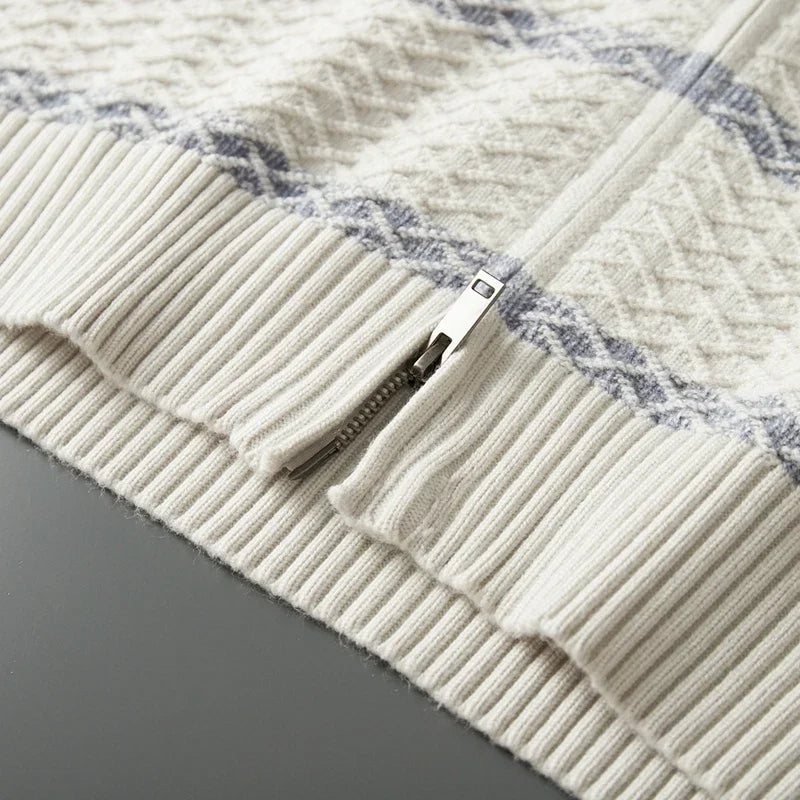 Striped Merino Wool Half High Collar Zip Cardigan for Men | Winter Layering