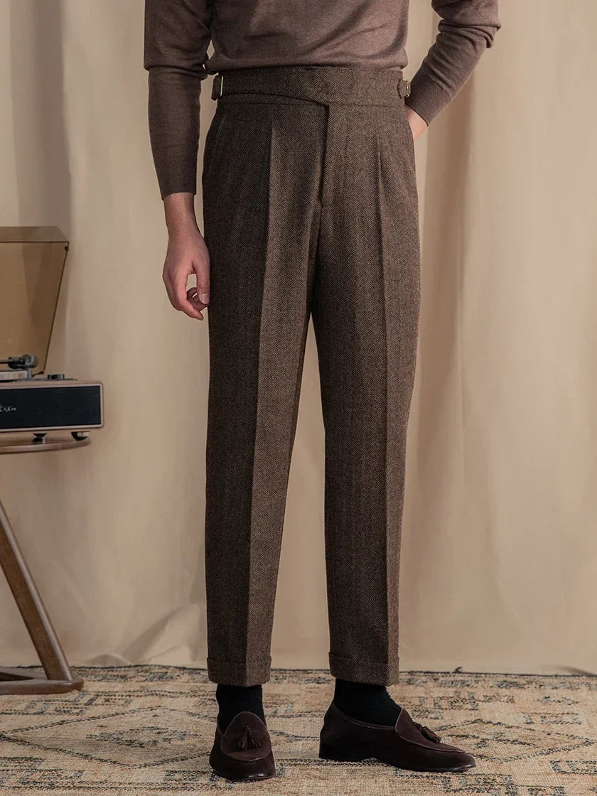 Herringbone Wool Blend Pleated Tailored Trousers for Men | Smart Casual Wear