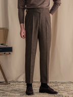 Herringbone Wool Blend Pleated Tailored Trousers for Men | Smart Casual Wear