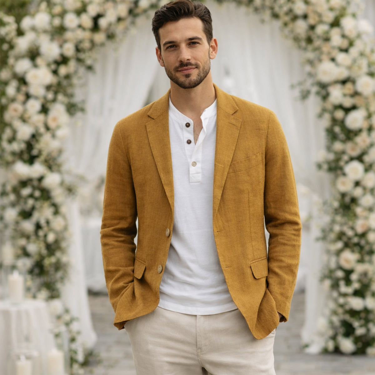 Men’s camel cotton summer blazer worn over a white henley-style shirt
