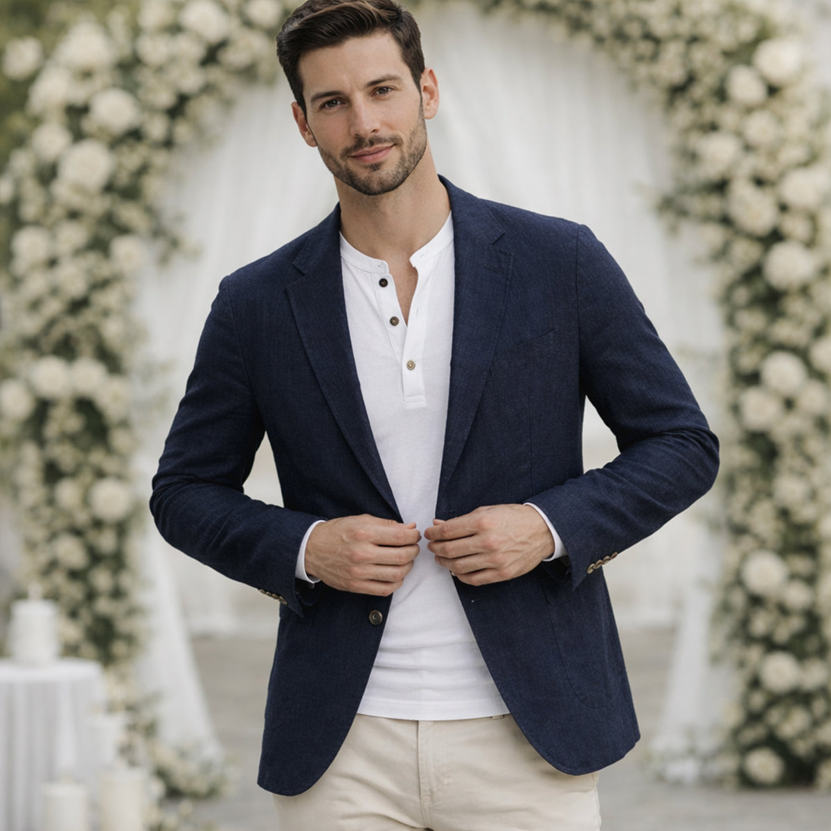 Men’s navy cotton summer blazer worn open over a white polo shirt