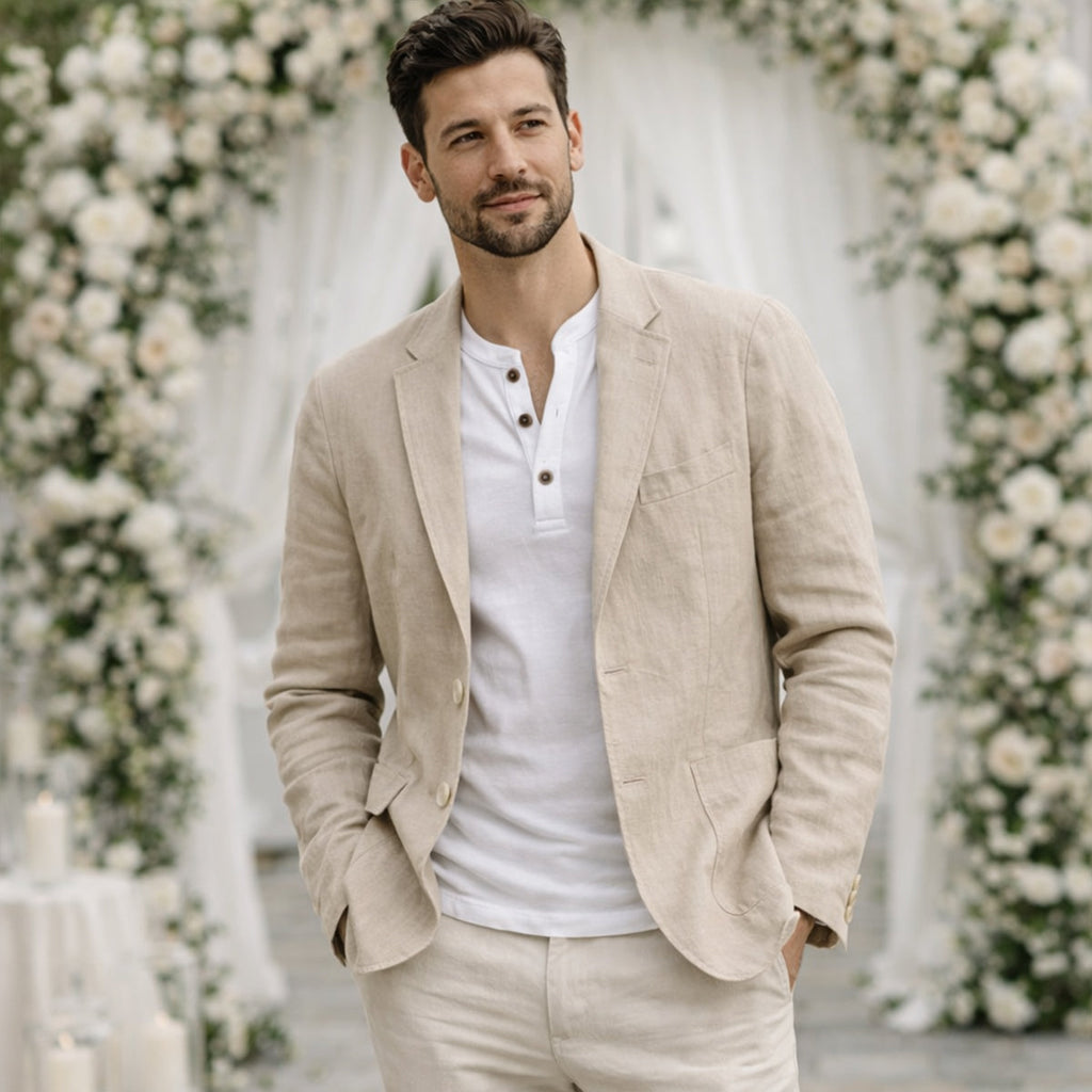 Men’s khaki cotton summer blazer with notched lapels and two-button front