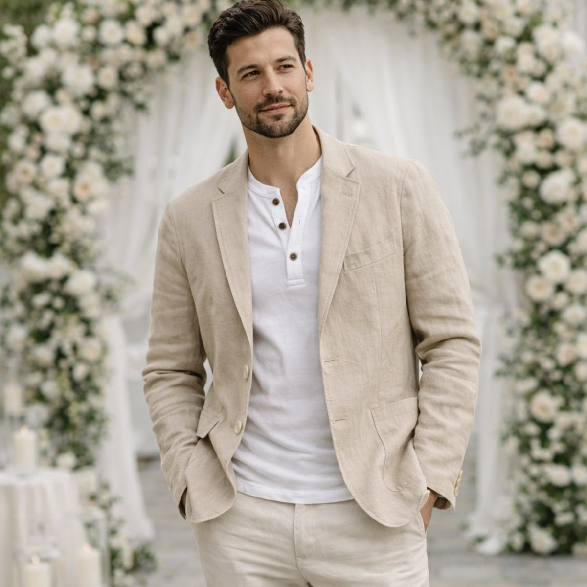 Men’s khaki cotton summer blazer with notched lapels and two-button front