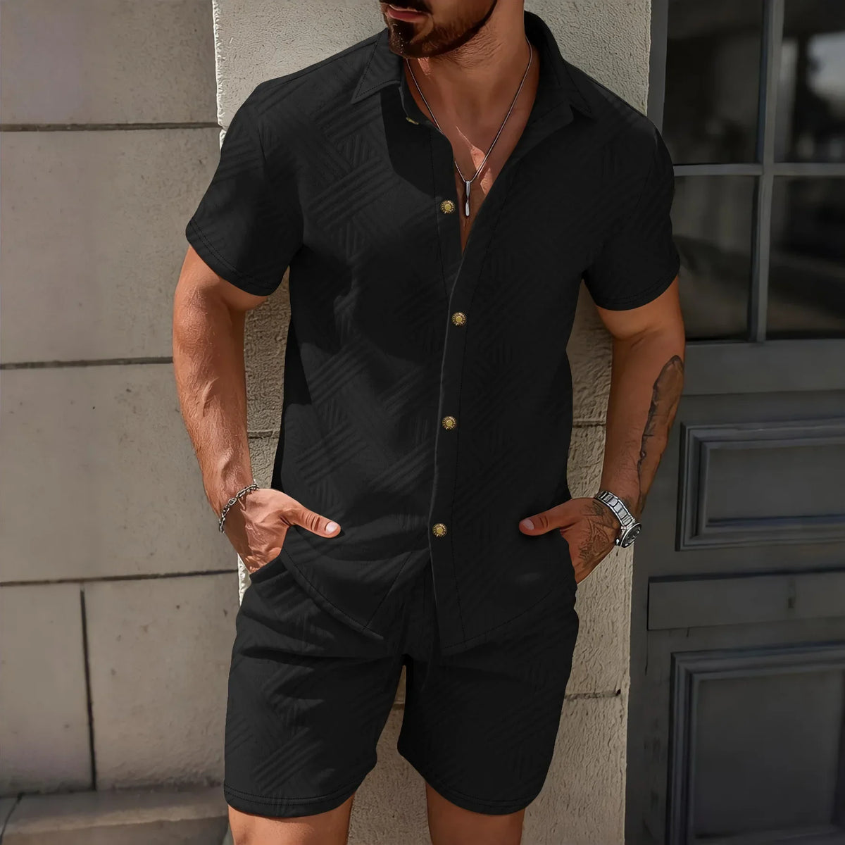 Waffle Knit Short Sleeve Shirt and Shorts Set for Men | Summer Wear