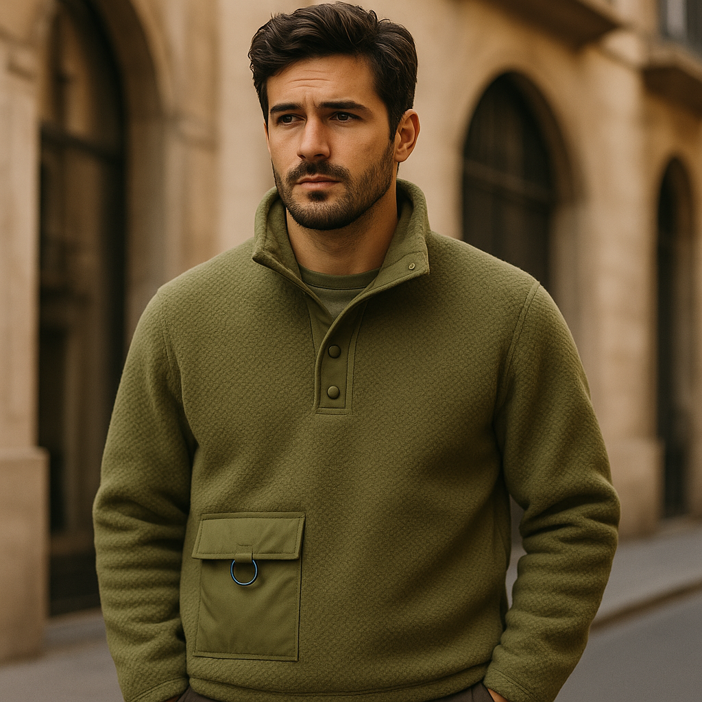 Olive fleece henley pullover with mock neck, button placket, and chest pocket