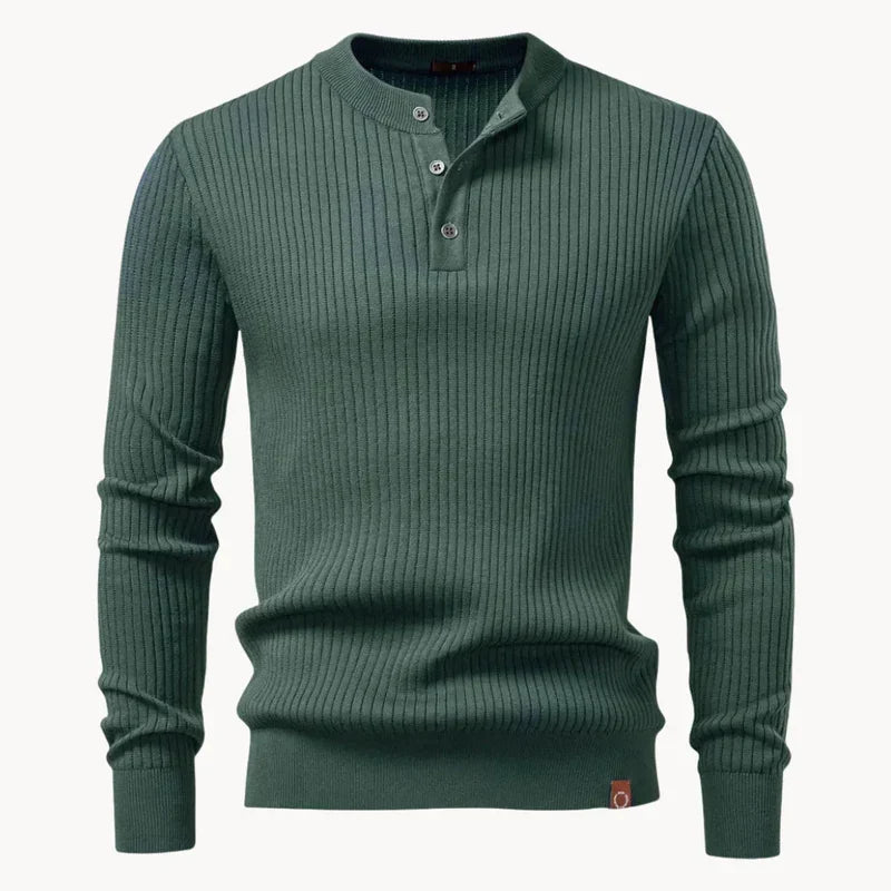 Green ribbed knit men's henley sweater with button placket and long sleeves