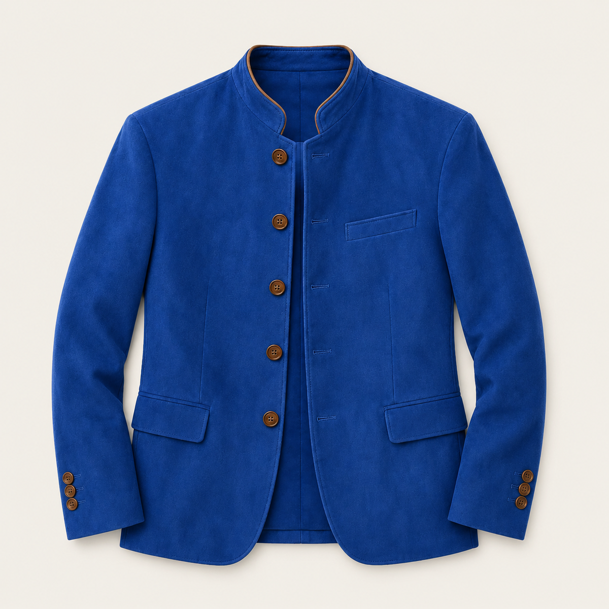 Men's suede-look tailored office blazer, blue with button front and flap pockets