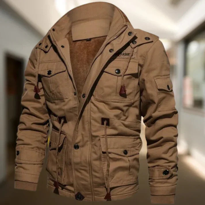 Brown hooded military jacket with beige lining, multiple utility pockets and snap buttons