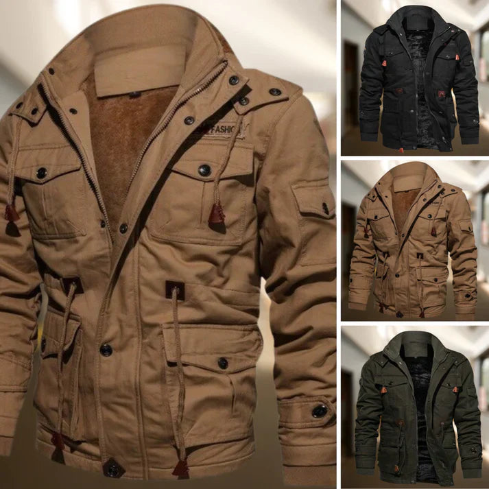 Hooded military jacket collage with tan and black front views, utility pockets
