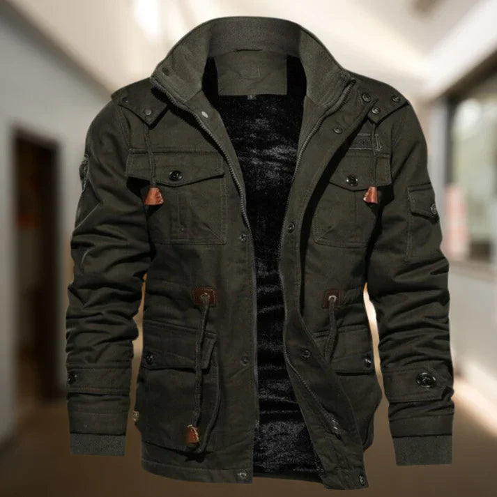 Olive green hooded military jacket with sherpa lining, snap front, cargo pockets