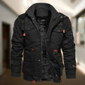 Black hooded military jacket with fleece lining, snap front, utility pockets