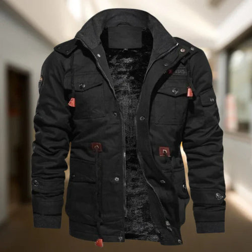 Black hooded military jacket with fleece lining, snap front, utility pockets