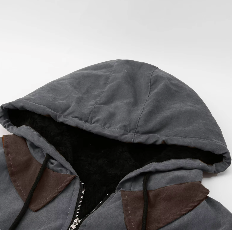 Gray hooded jacket with black inner lining, showing zipper and drawstring cords