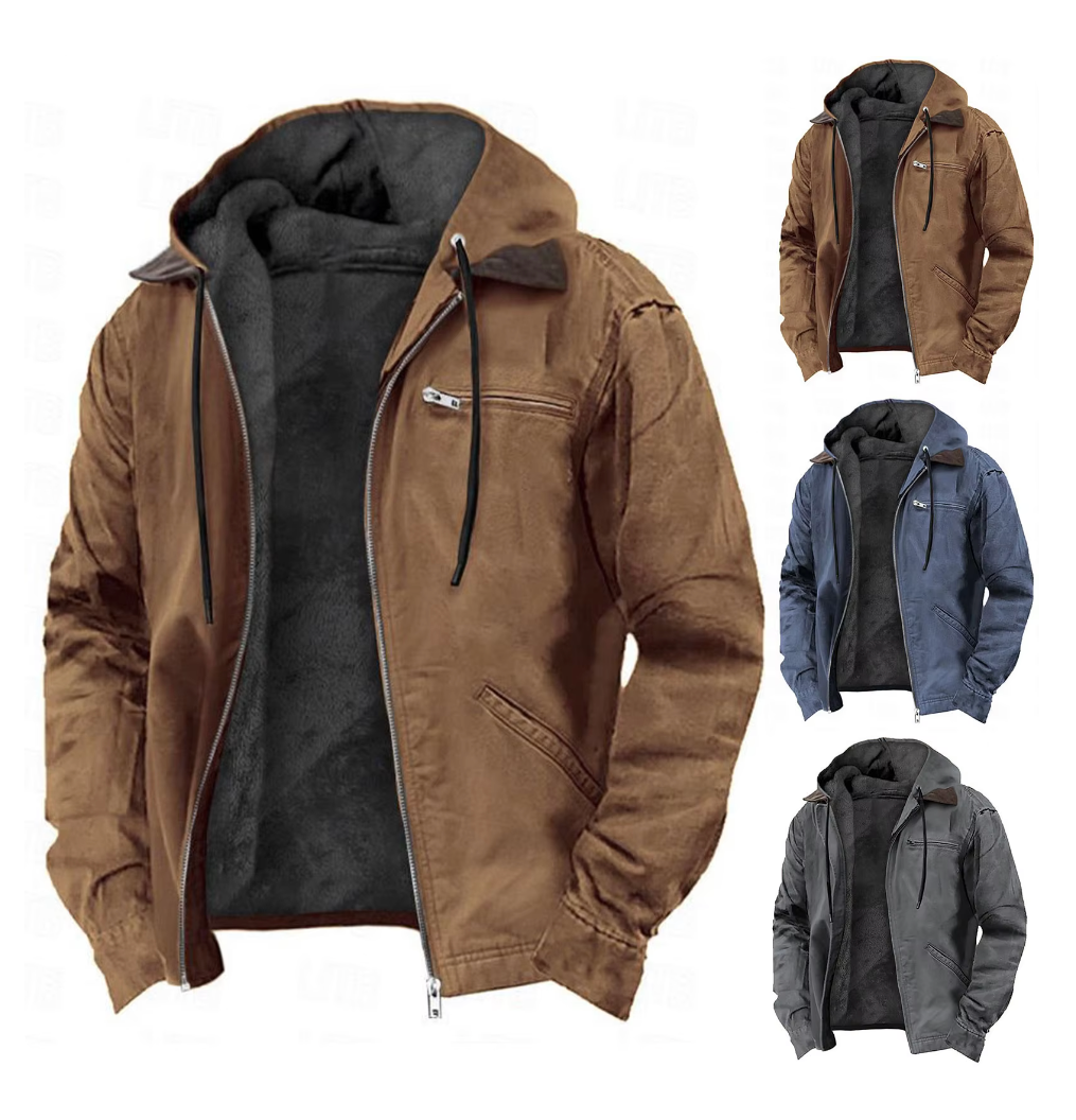 Hooded full-zip jackets in brown, olive, blue, and gray with black lining