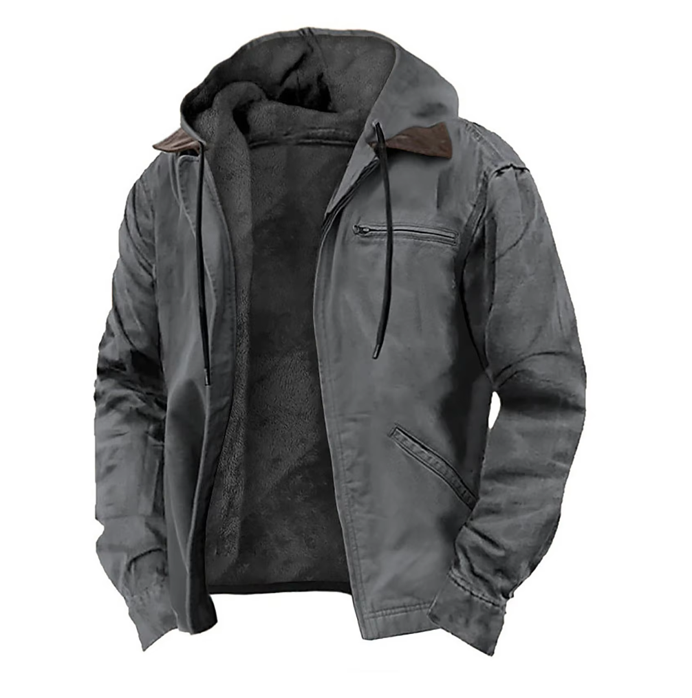 Gray hooded full-zip jacket with black lining, front zipper, and slanted chest pocket