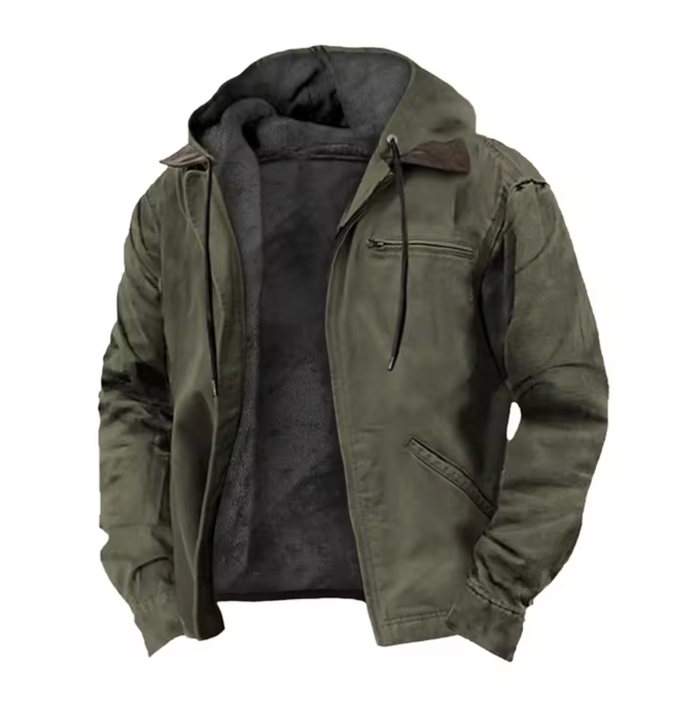 Olive green hooded full-zip jacket with black lining, front zipper, and chest pocket