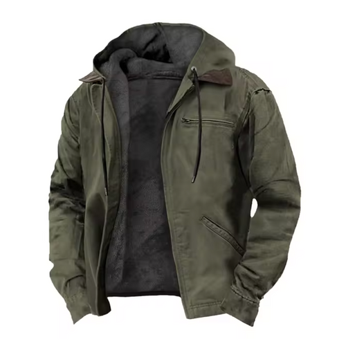 Olive green hooded full-zip jacket with black lining, front zipper, and chest pocket