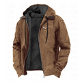 Brown hooded full-zip jacket with black lining, front zipper, and chest pocket